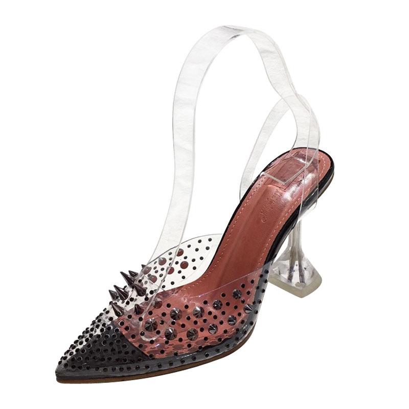 New Gold Silver PVC Transparent Rivet Diamond Pumps Sandals Perspex Heel Pointed Toe Crystal Silver Wedding Pumps Uik98