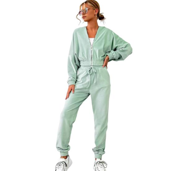 2 Pcs/Set Women Coat Pants Suit Hooded Zip-up Long Sleeve Short Top Elastic Hem And Waist Ankle-banded Pockets Trousers Winter Daily Wear Tracksuit