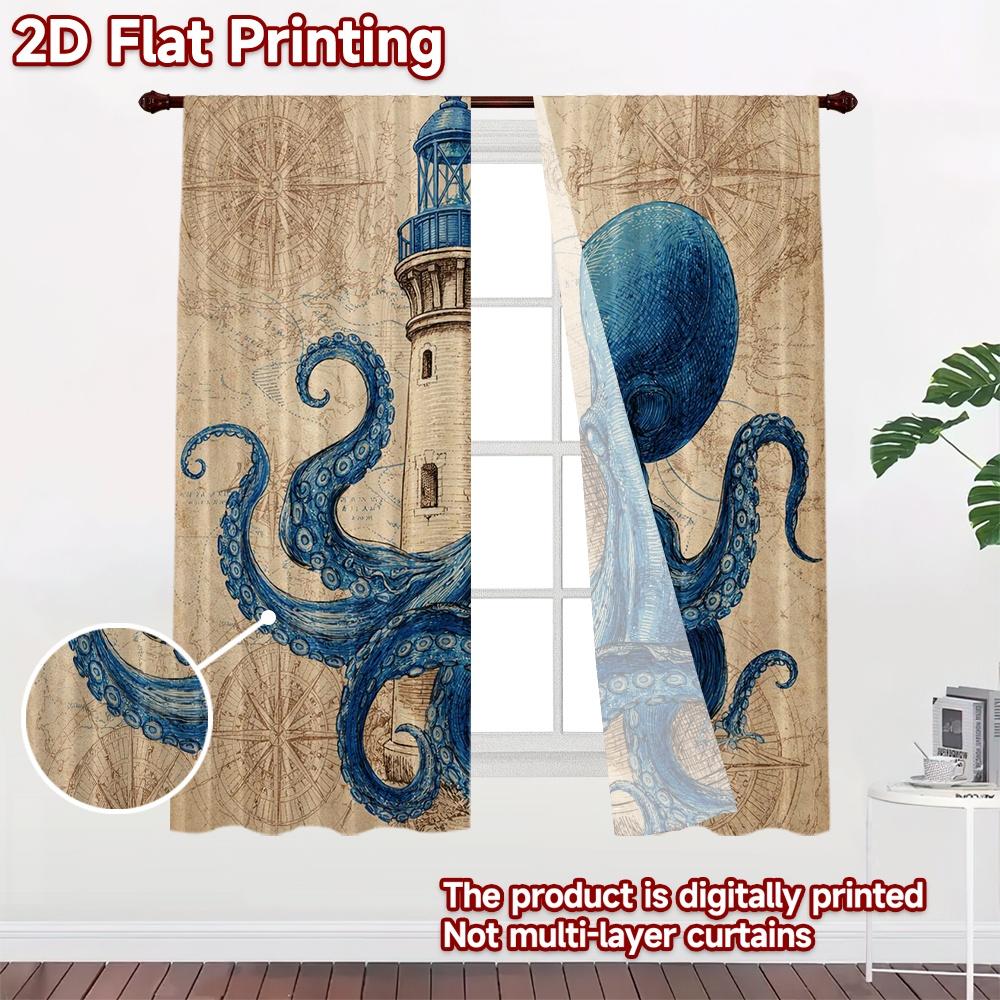 2D FLAT PRINTING 2pcs Curtains (Without Rod) Octopus and Lighthouse Art Chic Light Filtering Curtains Polyester Easy Install