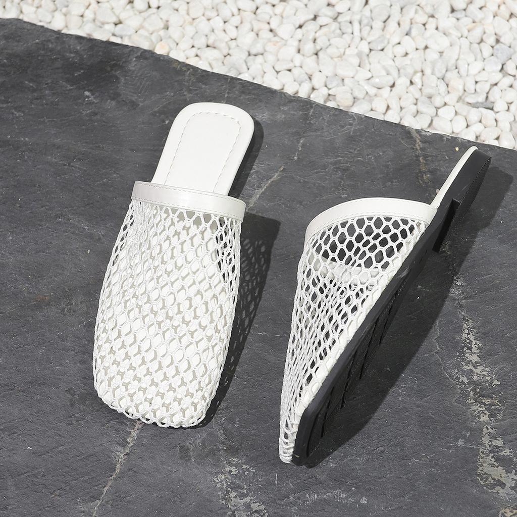 Fish Net Woven Hollow Roman Sandals for Women's Summer New Fisherman Flat Bottomed Round Toe Half Slippers