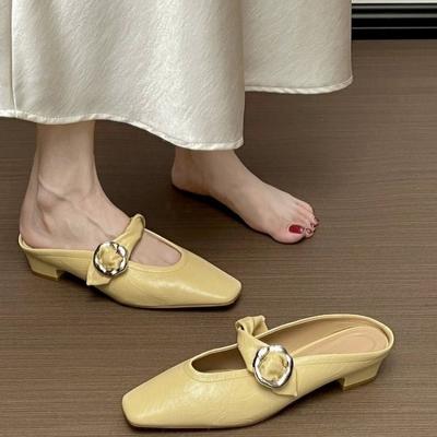 Шлепанцы на низком каблуке Осень Новые Квадратный носок Открытый верх Металлическая пряжка Однополосные Мягкая подошва Нескользящие Туфли на блочном каблуке