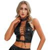Women Shiny PU Leather Hollow Out Crop Top Sleeveless Lace Up Tank Top Clubwear