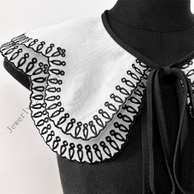 Laceup Tied Decorative Collar with Embroidery Trim Removeable Collar Clothing Accessory for Women Daily and Formal Wear