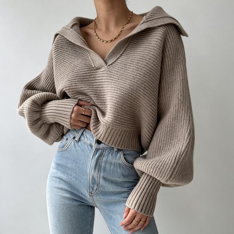 Autumn And Winter New Knitted Sweater Knitted Sweater Lapel Pullover Women'S Top