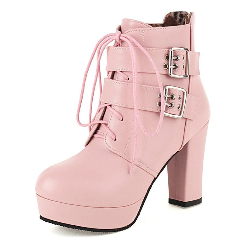 Fashion Women's Ankle Boots Platform Lace Up High Heel Short Boot Buckle Red Pink White Autumn Winter Sexy Ladies Party Shoes Large Size