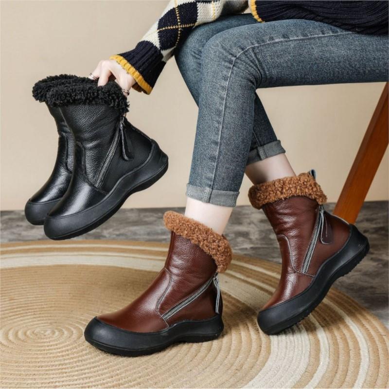 Women Winter Fashion Warm Plush Genuine Leather Women's Boots With Anti Slip Soft Sole Comfortable Side Zipper Short Boots
