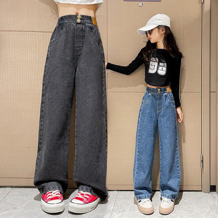 Джинсы для девочек Весна и осень Свободные прямые брюки Модные детские широкие брюки