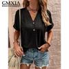 GMXIA Women's Fashion Casual Solid Color Print Short Sleeve V Neck Leisure Blouses & Shirts