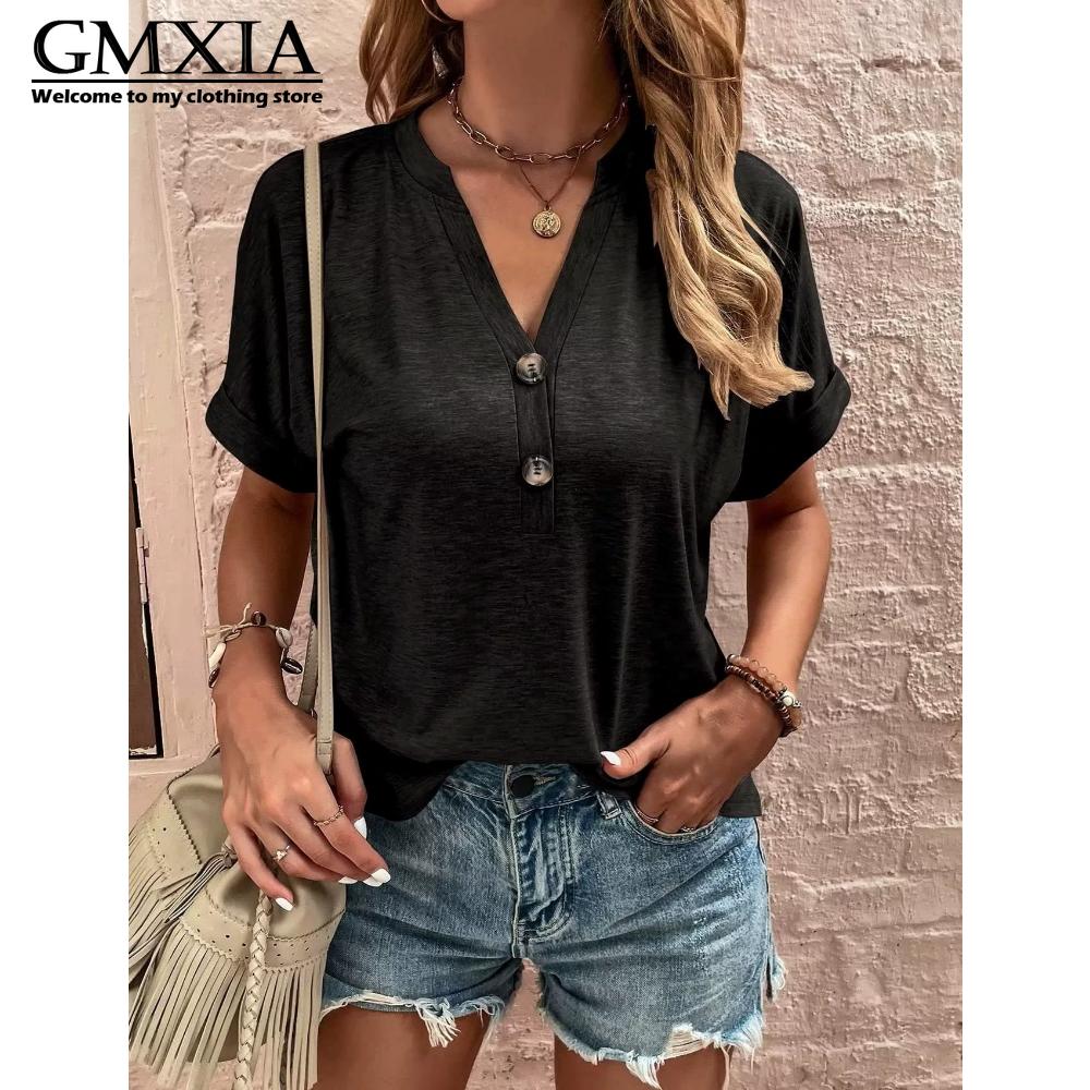 GMXIA Women's Fashion Casual Solid Color Print Short Sleeve V Neck Leisure Blouses & Shirts