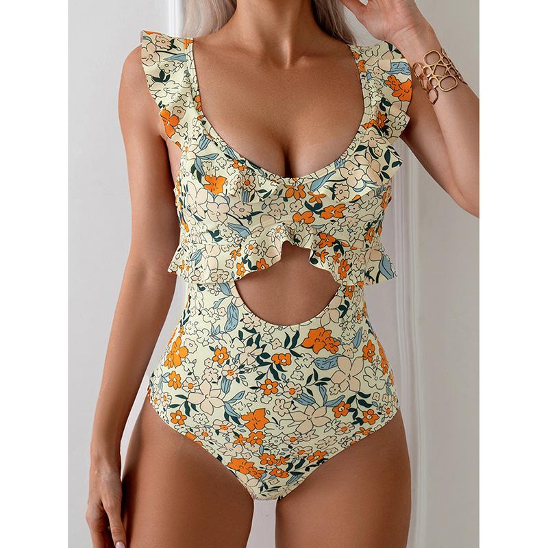 New Sexy Monokini One-piece Monokini Stylish Ruffle Edge Monokini Swimsuit for Women O- Neck Quick Dry Bikini Set