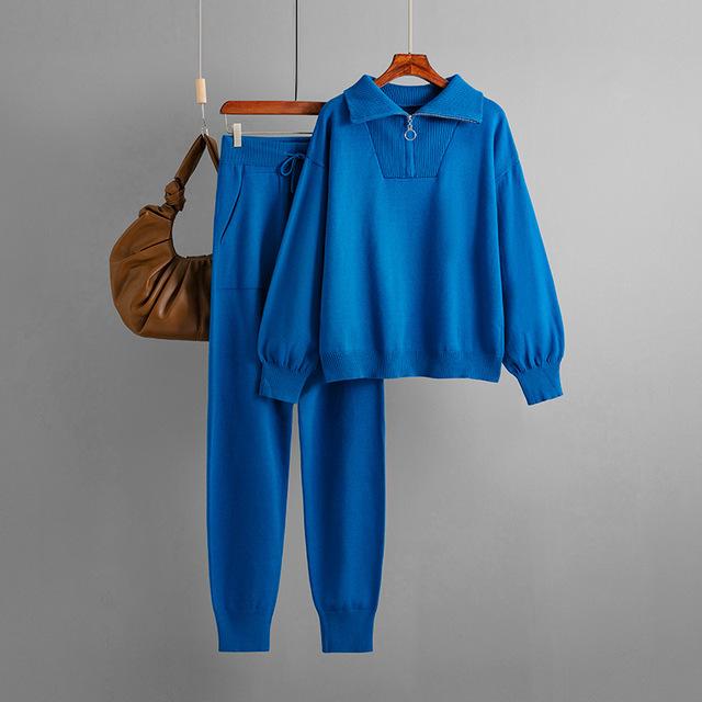 Осенне-зимний женский поло с воротником-поло, повседневный вязаный комплект из двух предметов, трикотаж, свитера, пуловеры на молнии + узкие брюки, костюмы