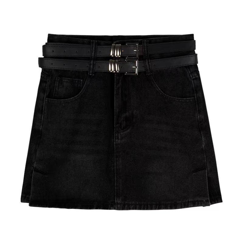 Острая девушка Юбка мини из денима с завышенной талией, ретро-разрезом и двойным ремнем - Женская летняя А-силуэта