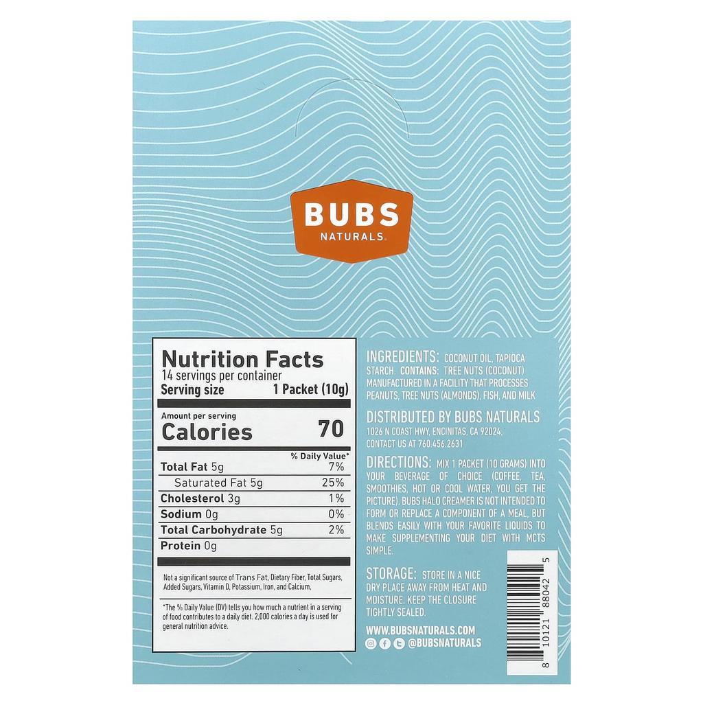 BUBS Naturals, Halo Creamer, порошок масла MCT, без ароматизаторов, 14 пакетиков, 0,35 унции (10 г) Каждый