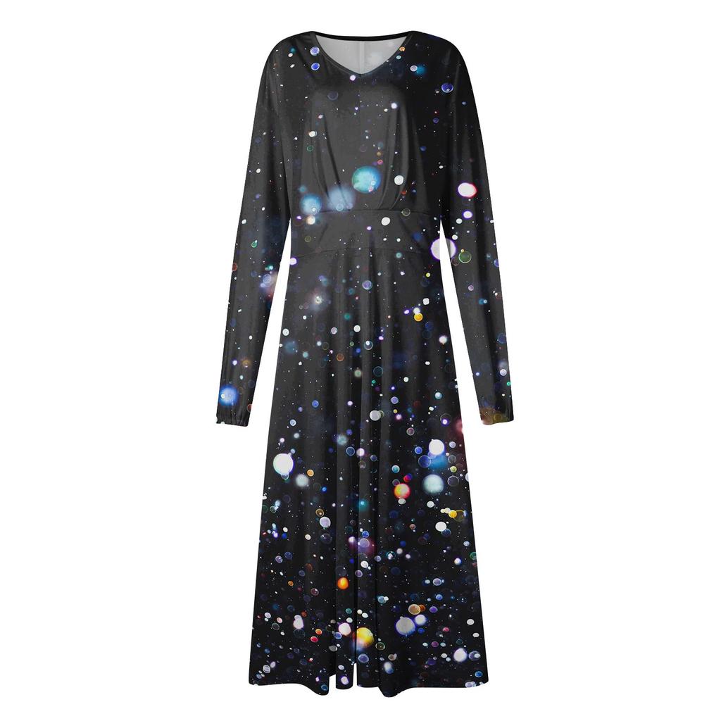 Женские весенне-осенние повседневные модные длинные платья с v-образным вырезом и длинным рукавом с градиентным принтом