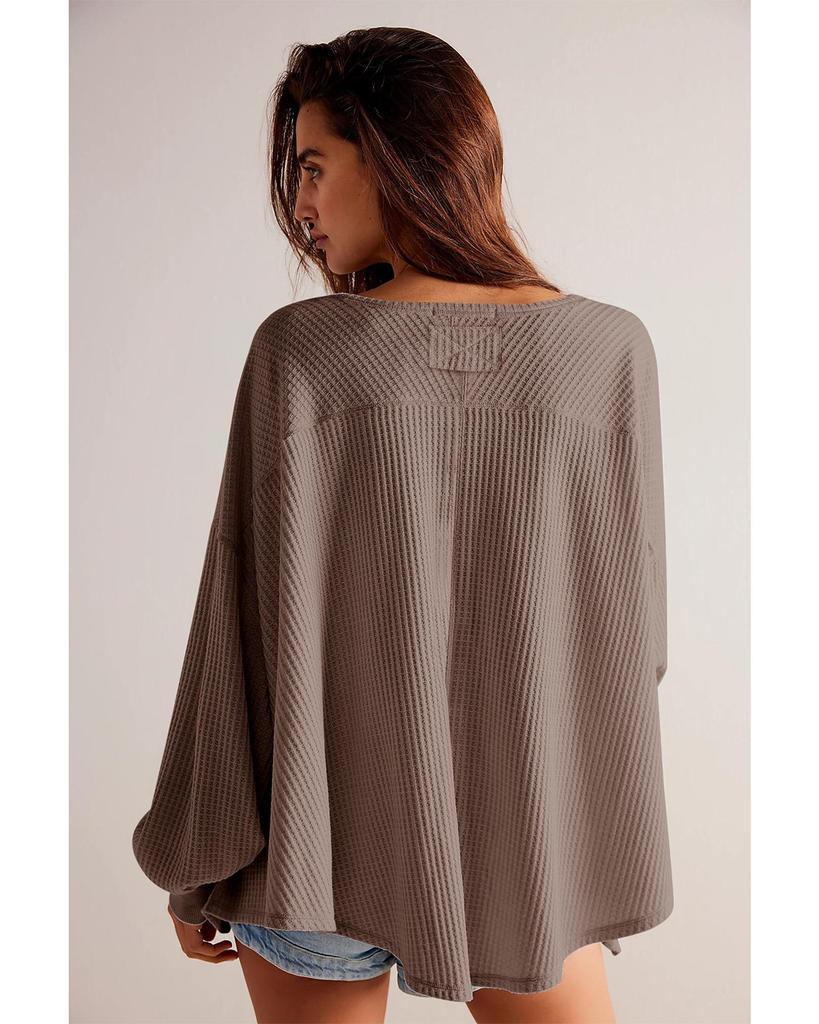 Azura Exchange Кофейная вафельная блузка с V-образным вырезом, длинными рукавами и заниженной линией плеч