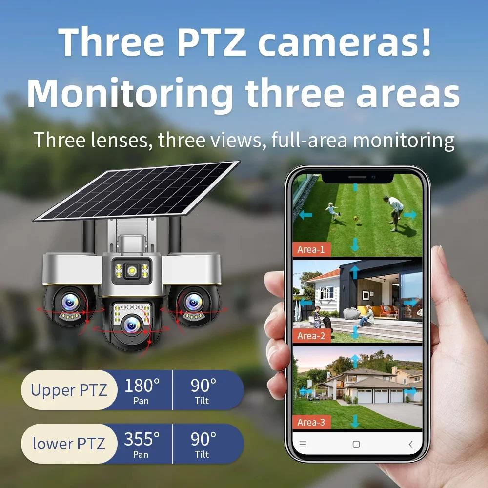 Солнечная камера V380 PRO 4G 15 Мп 3 PTZ-объектива Детекция человека 3 экрана Наблюдение Безопасность Ночное видение Водонепроницаемая CCTV Защита