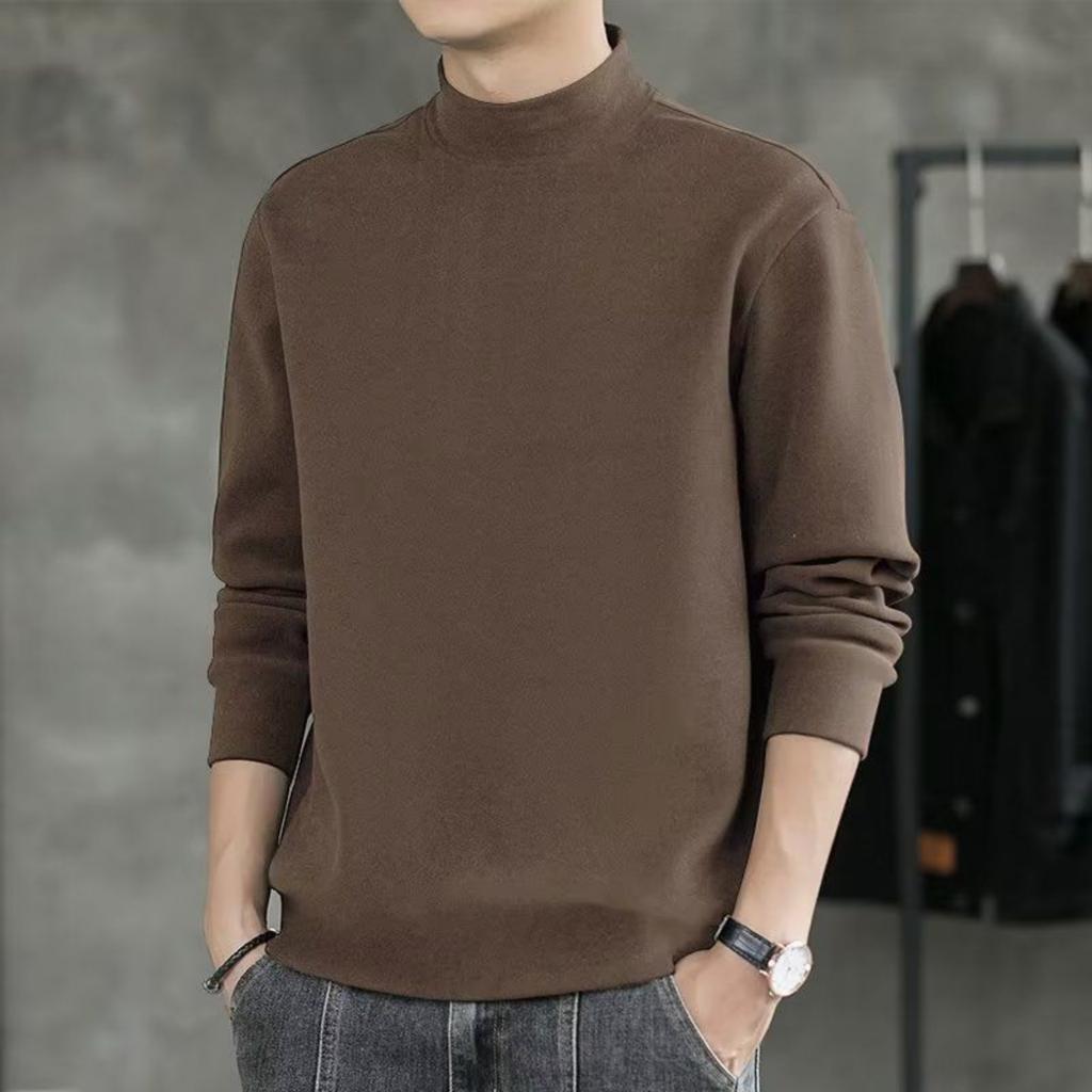 Men's Solid-color Casual High-neck Fitted Long-sleeved T-shirt, Men's Fleece Warm Base Layer Top