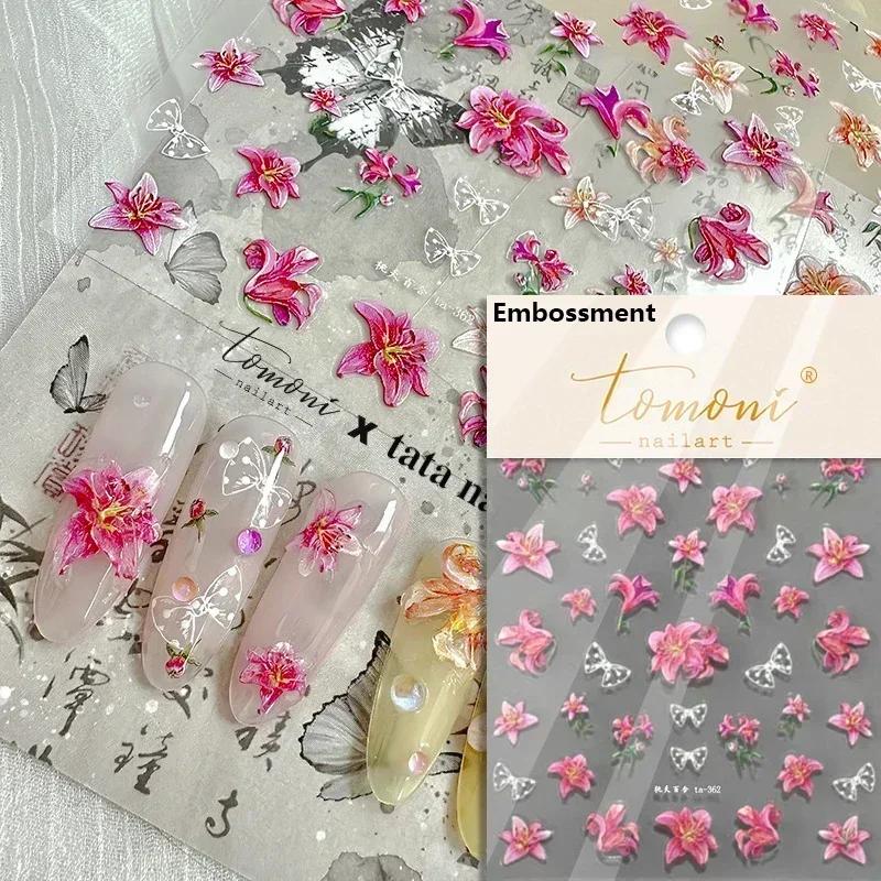 Gold Stamped Blooming Red Peony 3D Self-Adhesive Nail Art Stickers Lily Magnolia Camellia Daisy Rose Manicure Decals