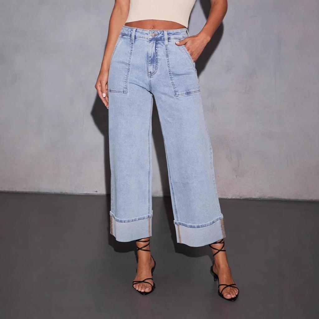 Women's High Waist Washed Women's Jeans Fashionable Versatile Straight Leg Pants