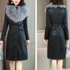 Women's Leather Jacket for Winter Plus Velvet Warm Slim Big Fur Collar Long Leather Coat Female Outerwear