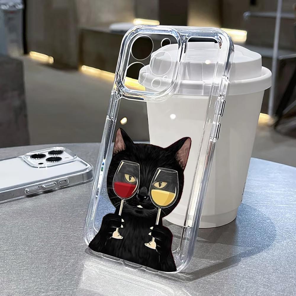 Cute Black Cat Wine Bottle Print Phone Case for iPhone 17 16 15 14 13 12 11 16E Series Pro Max Plus Double Layer Protection