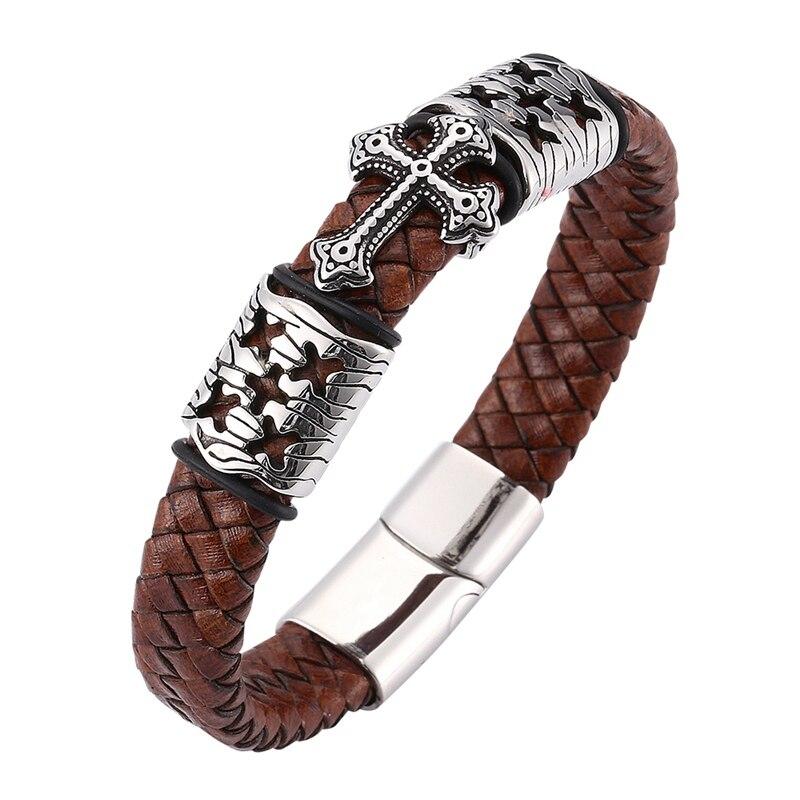 Vintage Cross Leather Bracelet Of Men Brown Braid Charm Steel Clasp Bangles Male Jewelry Gift