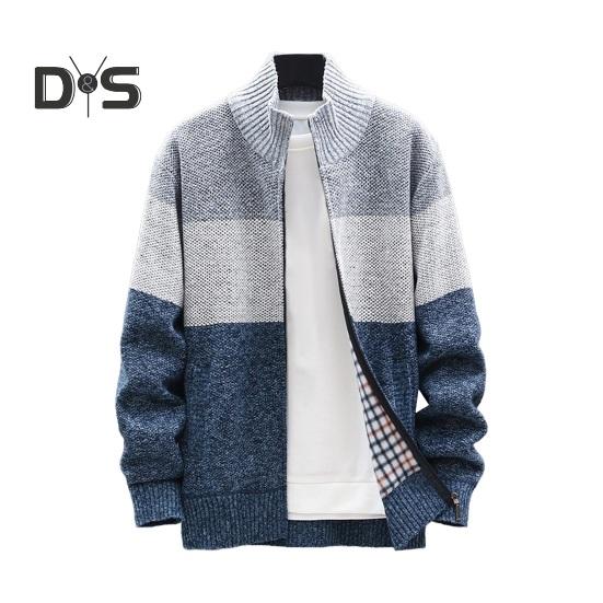 Men Autumn Winter Sweater Coat Stand Collar Thick Plush Color Matching Knitted Elastic Zip-up Long Sleeves Pockets Mid Length Daily Wear Jacket