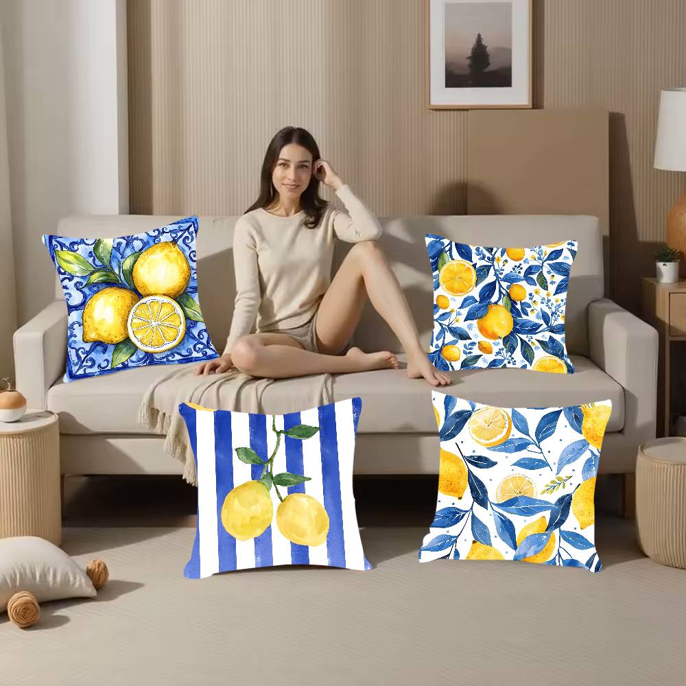 Blue - Toned Watercolor Lemon Pillow Case Anti-Dustmite Pillowcase Invisible Zipper Silky Short Plush Sofa Cushion Cover