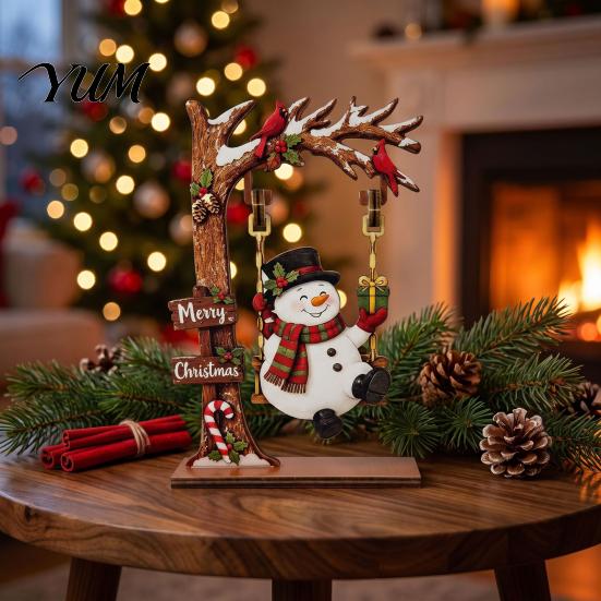 Christmas Wooden Ornaments Ornaments, Santa Snowman Figurine with Moving Natural Wood Tabletop Figurines Swing, Rustic Holiday Centerpiece for