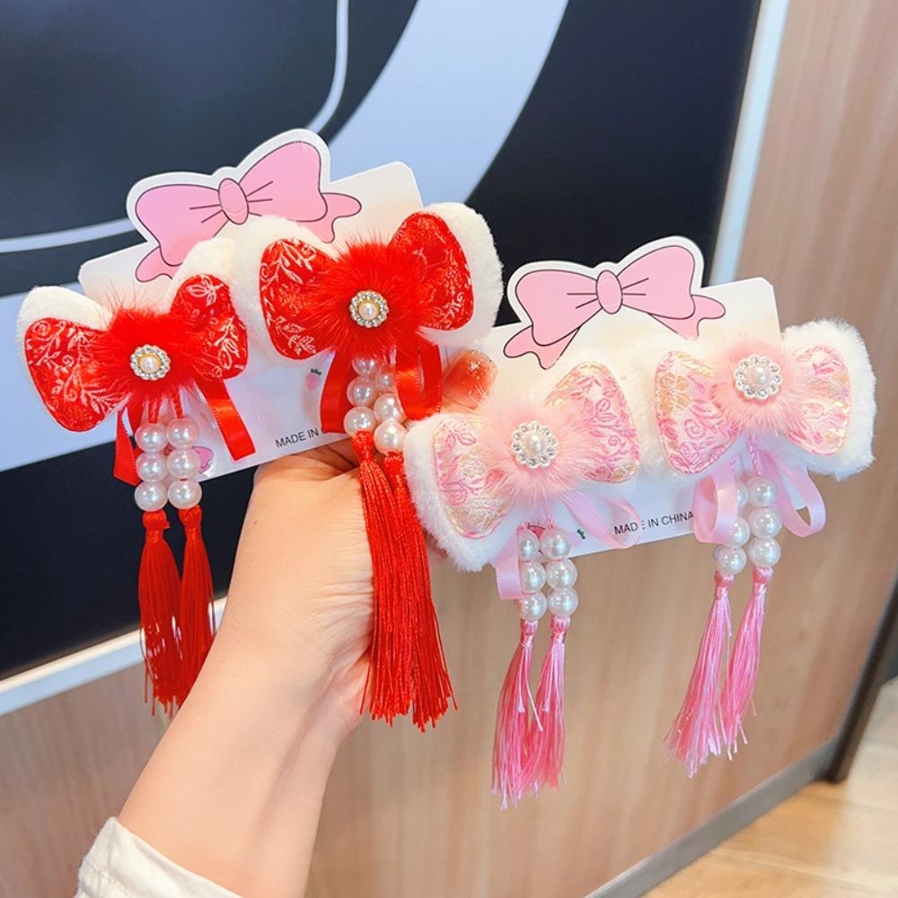 2 шт., заколка для волос в китайском стиле с красным бантом, головной убор ханьфу, новогодняя заколка сбоку, детская заколка для волос