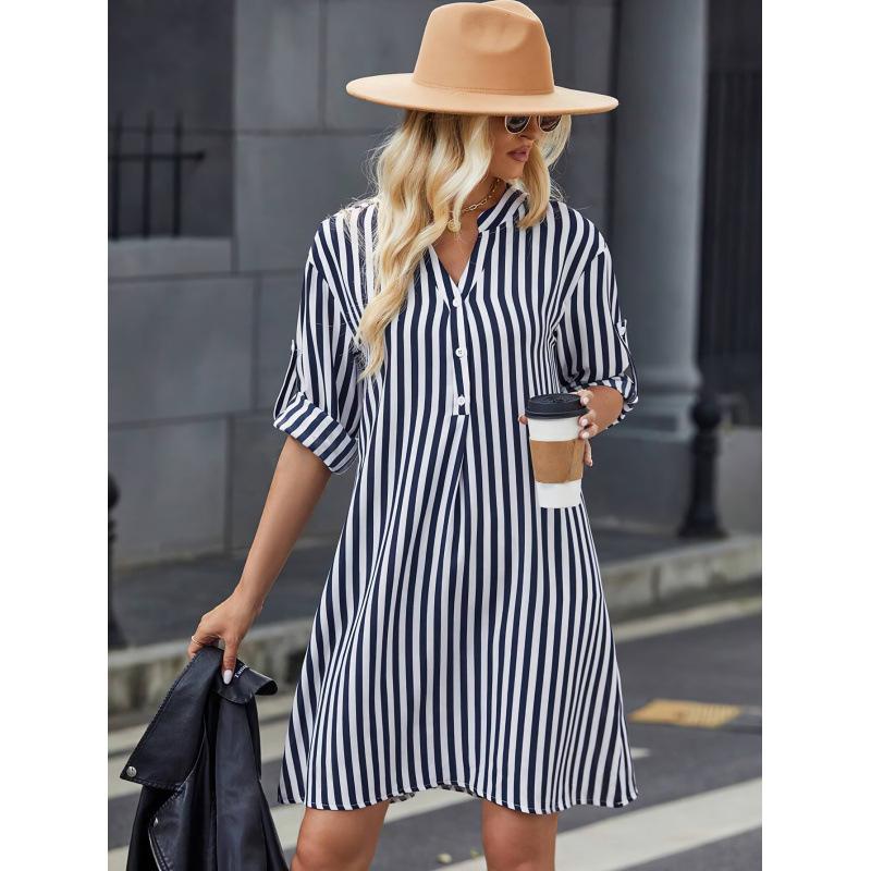 1116 Autumn Women's Striped Long Sleeve Dress, Stylish V-Neck Shirt