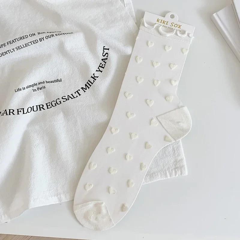 Лолита невидимые носки женские девушки летние шелковые кружевные носки кристалл шелковые носки с сердечками любви черные белые прозрачные носки JK