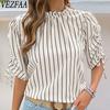 Женские модные повседневные летние весенние блузки и рубашки с круглым вырезом и короткими рукавами с полосатым принтом