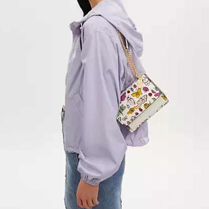 COACH Klare 18 animal print chain shoulder strap coated canvas and smooth leather crossbody bag small women's gold and chalk multicolor