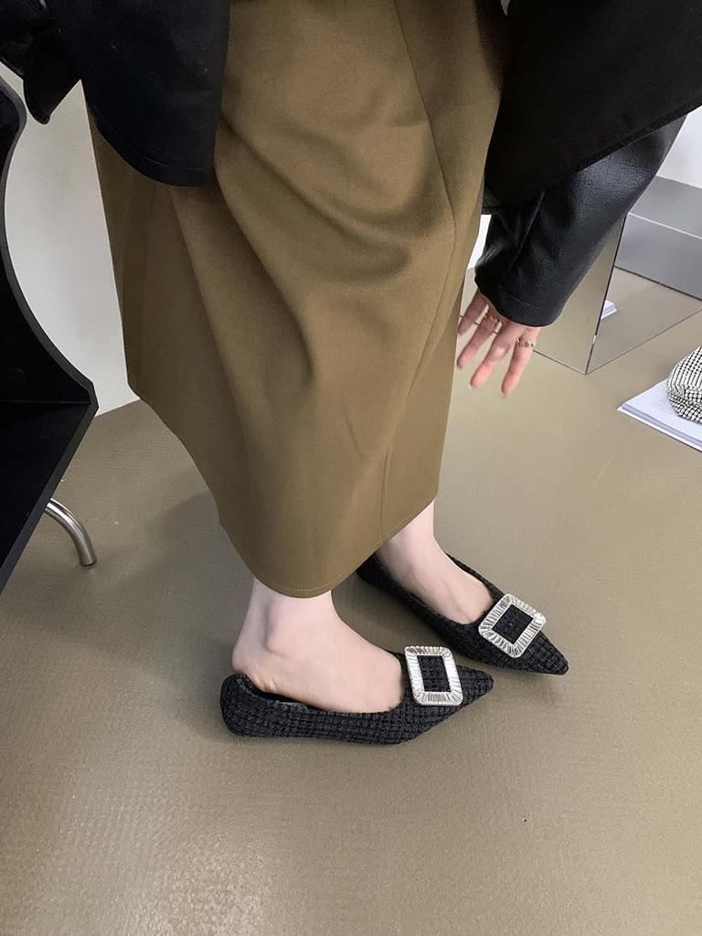 Fashion Casual Women Slides Flat Loafers 2024 New Arrivals Black Rhinestone Buckle 2024 New Arrivals Shallow Slip On Dress Shoes Woman