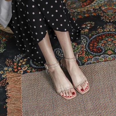 Модная летняя обувь 2024 года на среднем каблуке, женская обувь, одно слово, прозрачные квадратные сандалии для женщин, корейский азиатский размер, роскошь