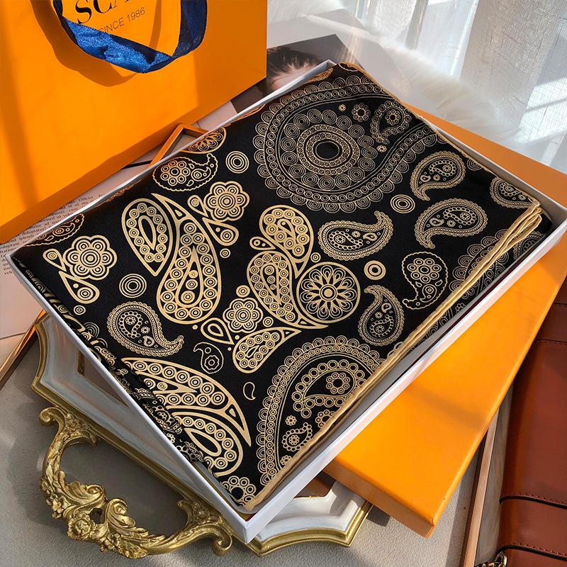 Silk Black Gold Cashew Silk Scarf Women'S Spring And Autumn Versatile Satin Square Scarf Mulberry Silk Silk Scarf Shawl