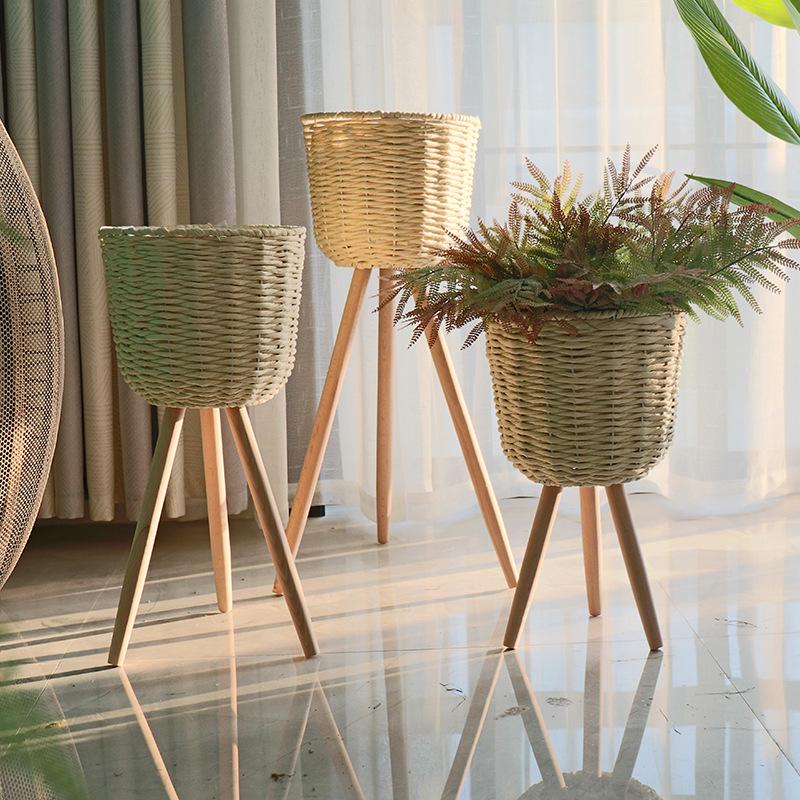 Корзина для цветов из соломы и ротанга в скандинавском стиле с деревянной подставкой для украшения интерьера