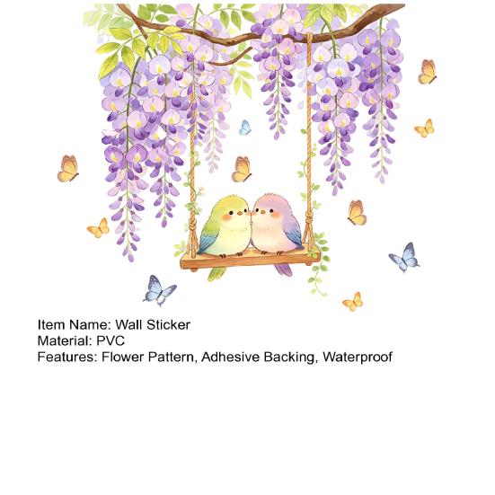 Watercolor Wisteria Birds Wall Decal, Self-Adhesive Residue-Free Window Sticker, Easy Apply Wall Sticker for Bedroom Kitchen Bathroom