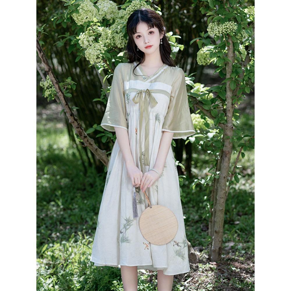 Летнее свежее художественное улучшение в китайском стиле Хань Элемент V-образным вырезом Фея Платье