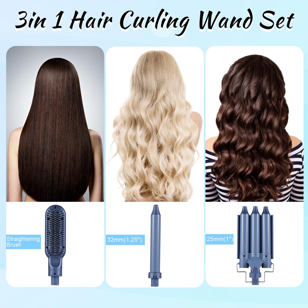 Pretfy 3-IN-1 Hair Curler Set Hair Curling Iron Wand Hair Waver Temperature Adjustable LCD Temp
