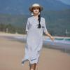 2024 Women's Linen Embroidered Ruffle Mid-Sleeve Long Dress - Literary Style
