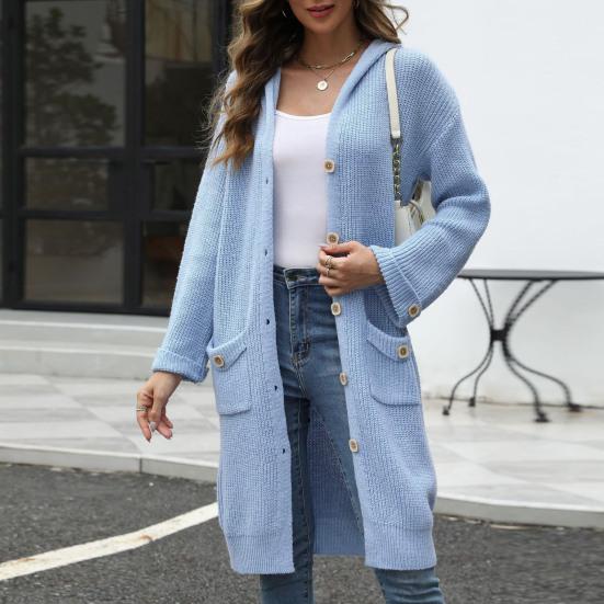 Women Knitted Cardigan Hooded Long Sleeve Single Breasted Sweater Coat with Pockets Solid Color Loose Fit Mid-length Knitwear