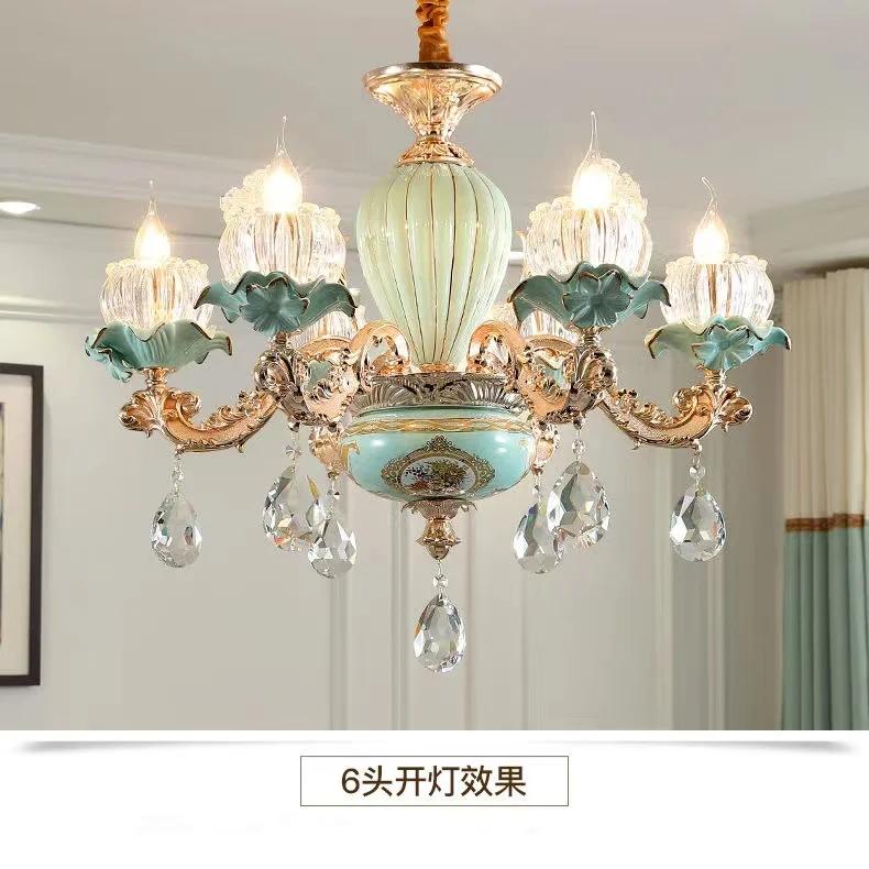 Стеклянные кристаллы для люстр Зеленые керамические люстры Цинковый сплав Золото Освещение гостиной Хрустальные люстры для столовой
