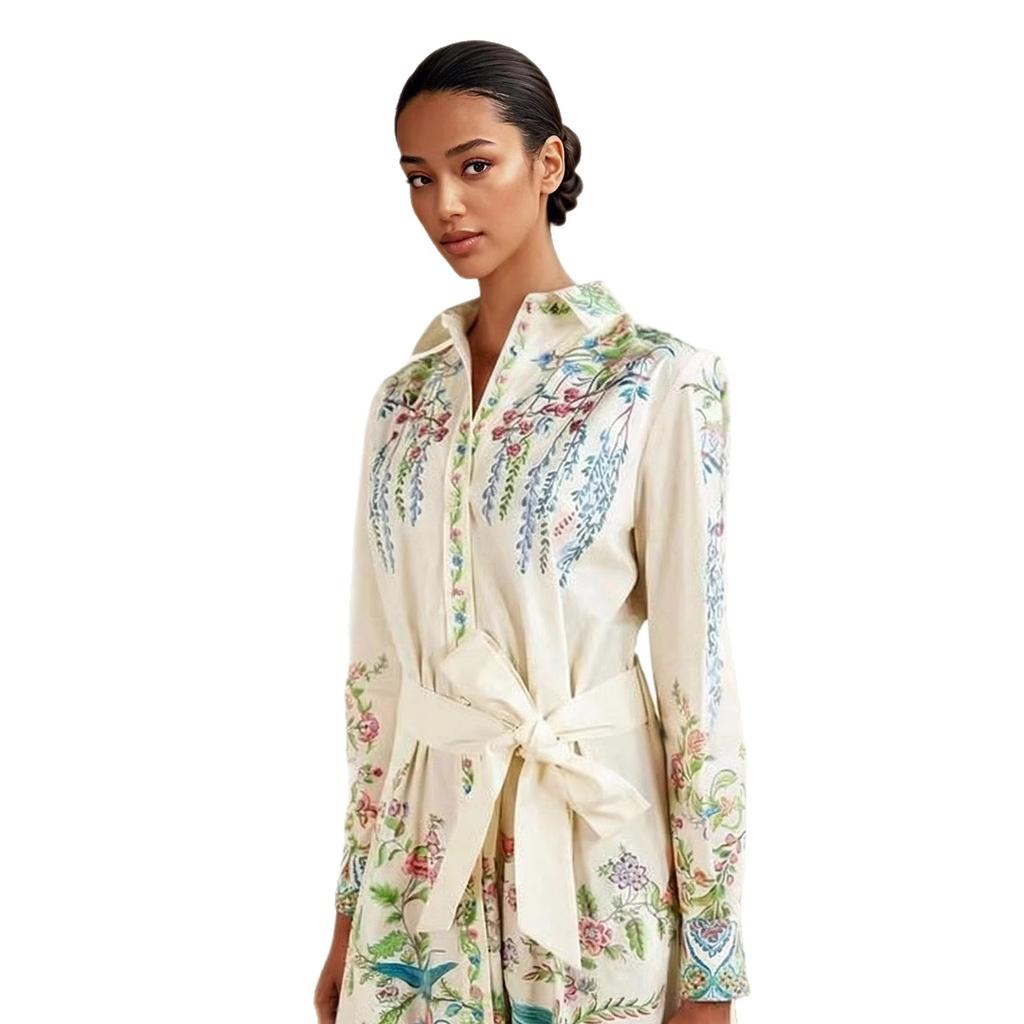 French Retro Floral Lapel Long-sleeved Lace-up Waist Holiday Wind Flower and Bird Pattern Temperament Thin Dress