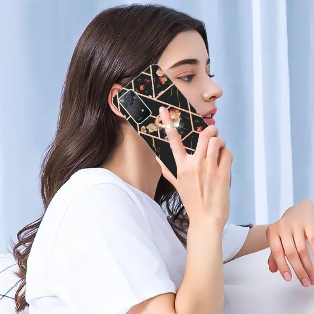 Ультратонкий чехол для телефона Ring Bracket Golden Border Grid Marble Flower IMD для Xiaomi Redmi Note 11S, Note 12 Pro 4G, Xiaomi 11T, Redmi 10, Poco X3 NFC...