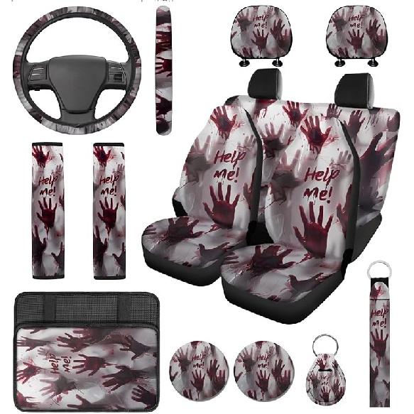 Красные чехлы на сиденья автомобиля с паутиной, с чехлом на рулевое колесо, подушкой для подлокотника, накладками на ремни безопасности, подстаканником с брелоком, универсальный комплект для защиты автомобиля
