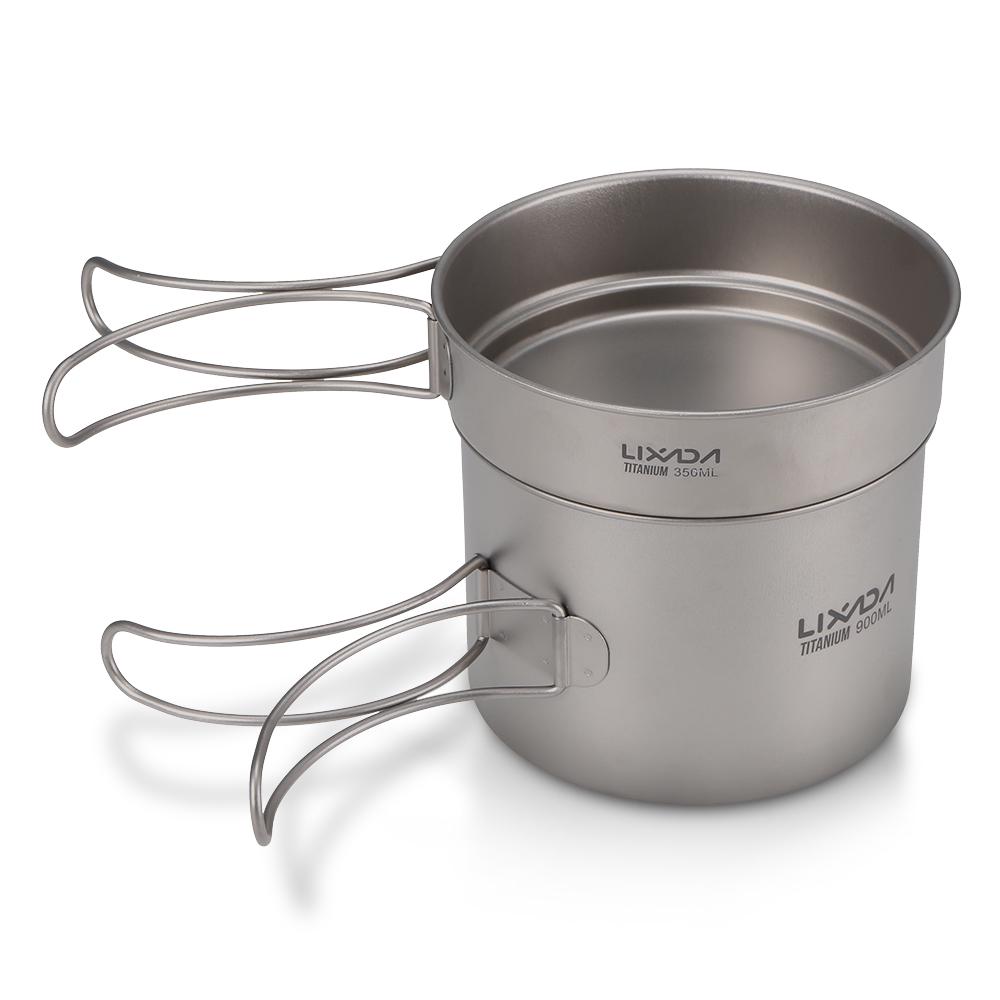 Lixada Ultralight Titanium Cookset Outdoor Camping Cookware Set 900ml Pot and 350ml Fry Pan with Folding Handles