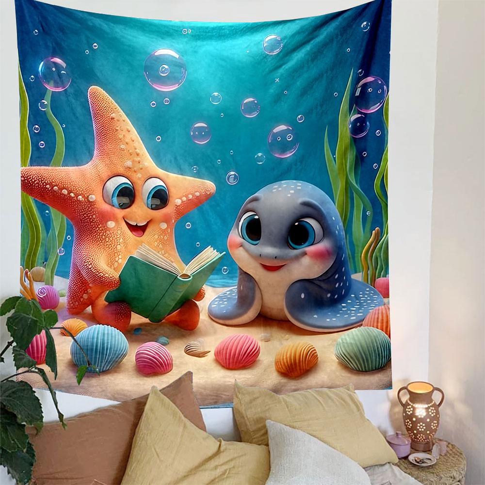 "Starfish and Seal Reading Underwater" Patterned Tapestry Decorative Wall Hanging, Home Bedroom Living Room Decor