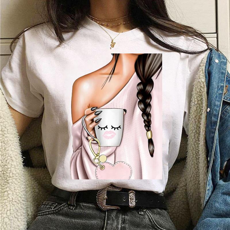 Летняя мода Coffee Girl Urban Base Shirt Круглый вырез Чистый хлопок Короткие рукава Женские футболки Женские